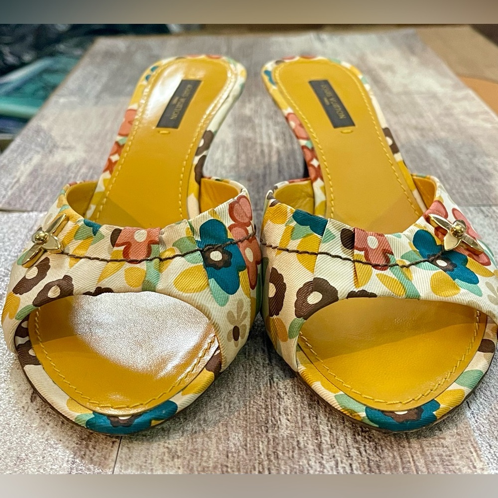 Louis Vuitton Vibrant Yellow and Blue Mules with Cross-Strap Design